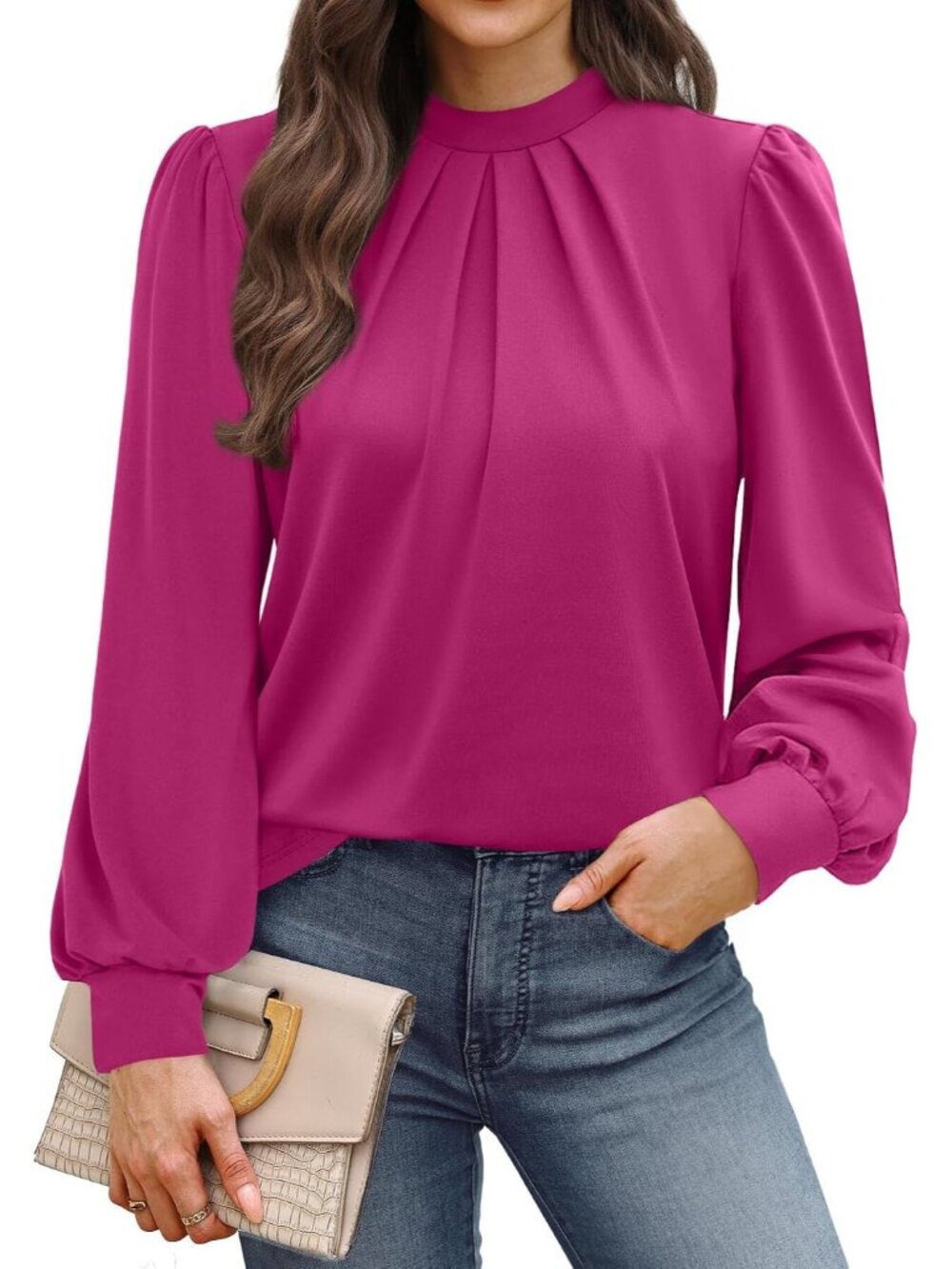 👗 Women's Pink Long Sleeve Shirts Pleated Front Blouses Dressy Mock Neck Tops